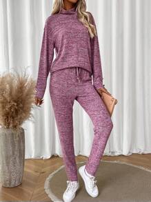 SHEIN LUNE Space Dye Drop Shoulder Tee & Drawstring Waist Pants Fall Cloth For Women - Baby Pink - View 6