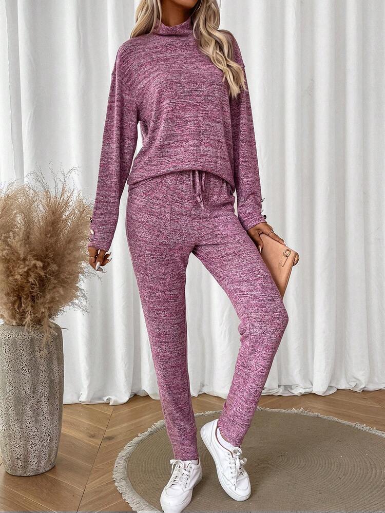 Space Dye Drop Shoulder Tee & Drawstring Waist Pants Fall Cloth For Women