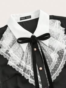 Vintamour Contrast Lace Tie Front Shirt - Black and White - View 8