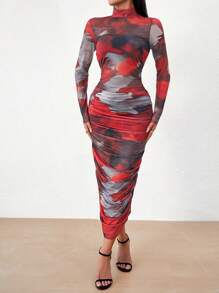 SHEIN Privé 全印花褶皺修身連身裙 - 紅色 - 查看 6