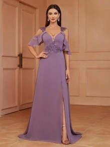 SHEIN Belle 露肩設計,刺繡貼花,a字伴娘服（成人） - 紫色 - 查看 1