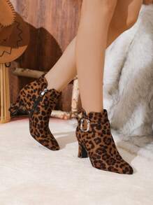 女士时尚高跟靴，新款法式性感豹纹绒面尖头粗跟短踝靴，百搭细靴 - 彩色 - 查看 4