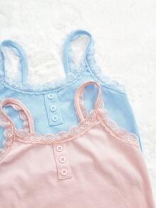 女童针织纯色吊带上衣，带蕾丝边，2 件/套 - 彩色 - 查看 3