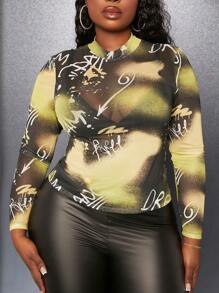 Slaydiva 加大號撞色字母圖案高領短袖t恤 - 彩色 - 查看 1