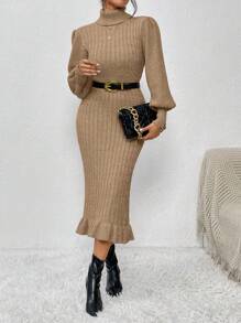SHEIN Clasi 時尚女性高領燈籠袖魚尾針織連衣裙 - 駝色 - 查看 5