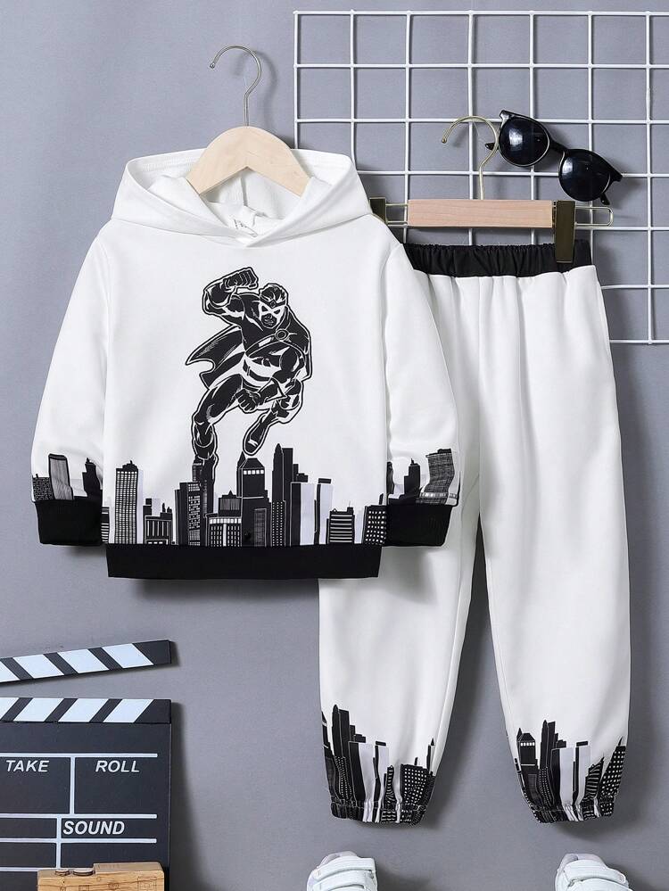 2pcs/set Toddler Boys' Casual Comfortable Printed Hooded Sweatshirt And Pants