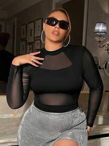 SHEIN ICON 網布拼接緊身長袖t恤 - 黑色 - 查看 1