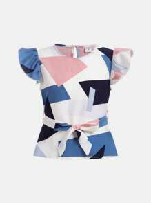 SHEIN Chicas Blusa con estampado geométrico ribete con fruncido con cinturón - Multicolor - Ver 1