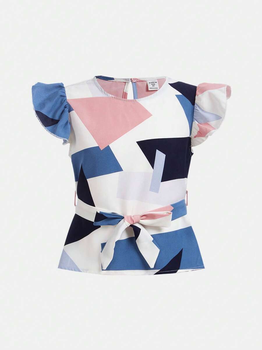 SHEIN Chicas Blusa con estampado geométrico ribete con fruncido con cinturón - Multicolor - Ver 1