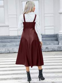 SHEIN Privé Pu 皮革連身裙(不含襯衫) - 酒紅色 - 查看 2