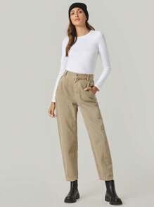 Cottnline Solid Round Neck Fitted Tee - White - View 4
