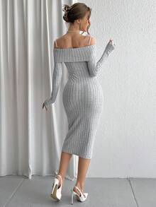 SHEIN Privé 女款人造珍珠細節純色羅紋露肩修身連身裙 - 白色 - 查看 2