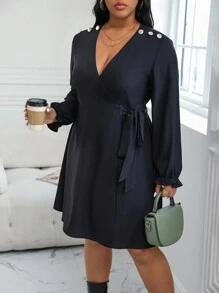 Calvaya Plus Button Detail Knot Side Wrap Dress - Black - View 4