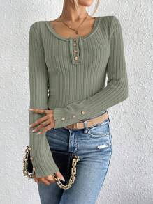SHEIN Essnce 女士鈕扣細節t恤 - 軍綠色 - 查看 1