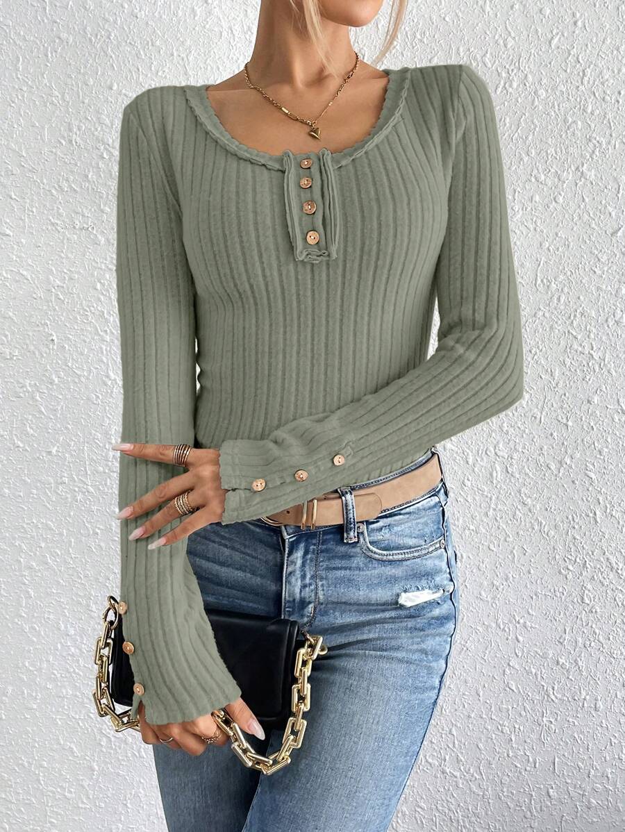 SHEIN Essnce 女士鈕扣細節t恤 - 軍綠色 - 查看 1