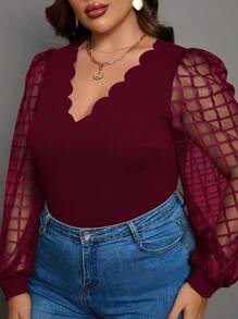 SHEIN Clasi Plus Contrast Mesh Scallop Trim Lantern Sleeve Top - Burgundy - View 6