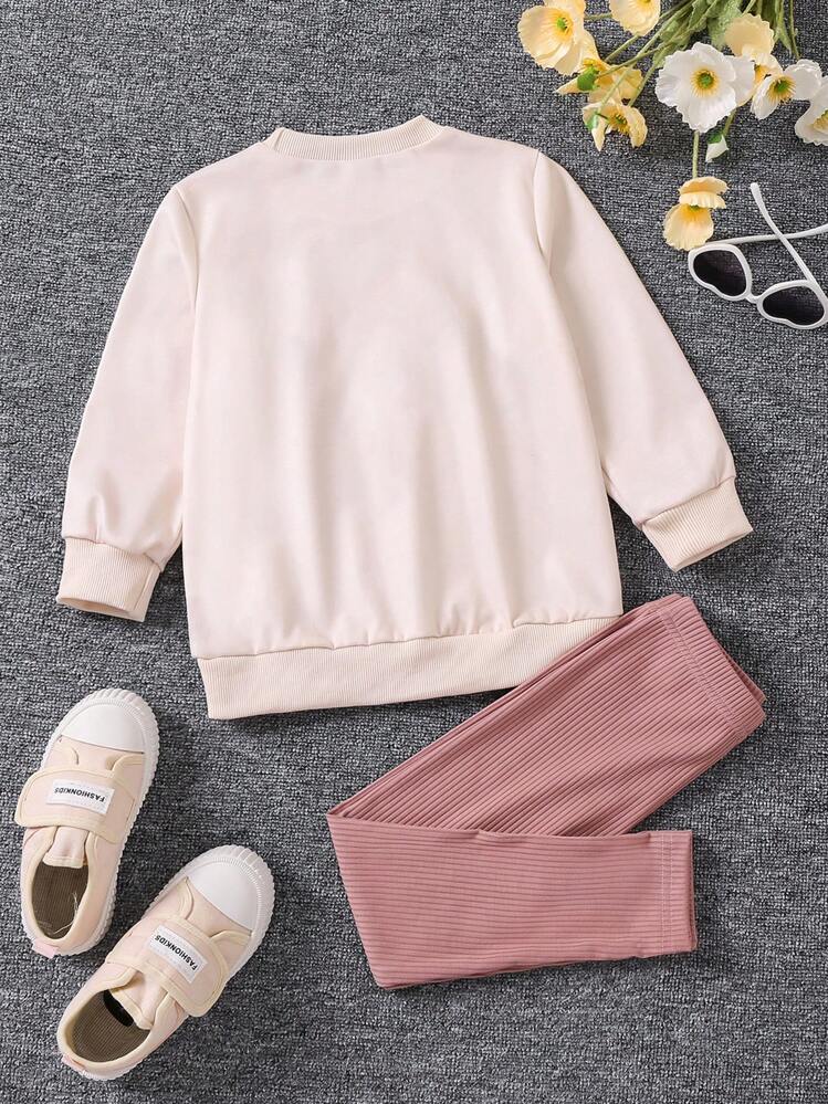 SHEIN Young Girl Ballet Cartoon Pattern Long Sleeve Top And Long Pants Set - Pink - View 2