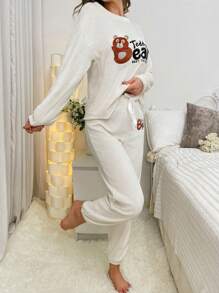 小熊英文繡花法蘭絨套裝 - 白色 - 查看 4