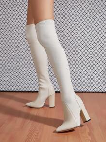 米色彈性拼接面時尚粗跟高跟過膝靴女可伸縮靴筒高腿圍 - 米色 - 查看 1
