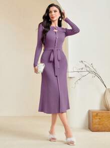 Modelyn Solid Color Belted Hollow Out Fish Tail Sweater Dress - Purple - View 1