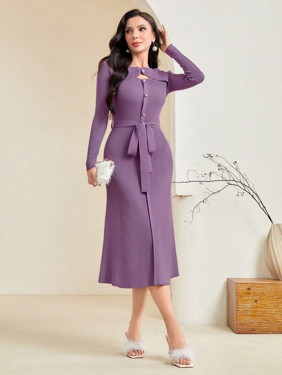 Modelyn Solid Color Belted Hollow Out Fish Tail Sweater Dress - Purple - View 1