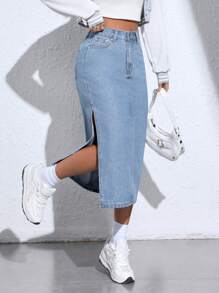 SHEIN PETITE Falda De Mezclilla Con Abertura Alta
