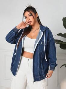 SHEIN EZwear Plus Size Women's Denim Jacket With Hood - Blue - View 6