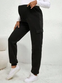 SHEIN 孕婦純色可調腰部長褲 - 黑色 - 查看 9