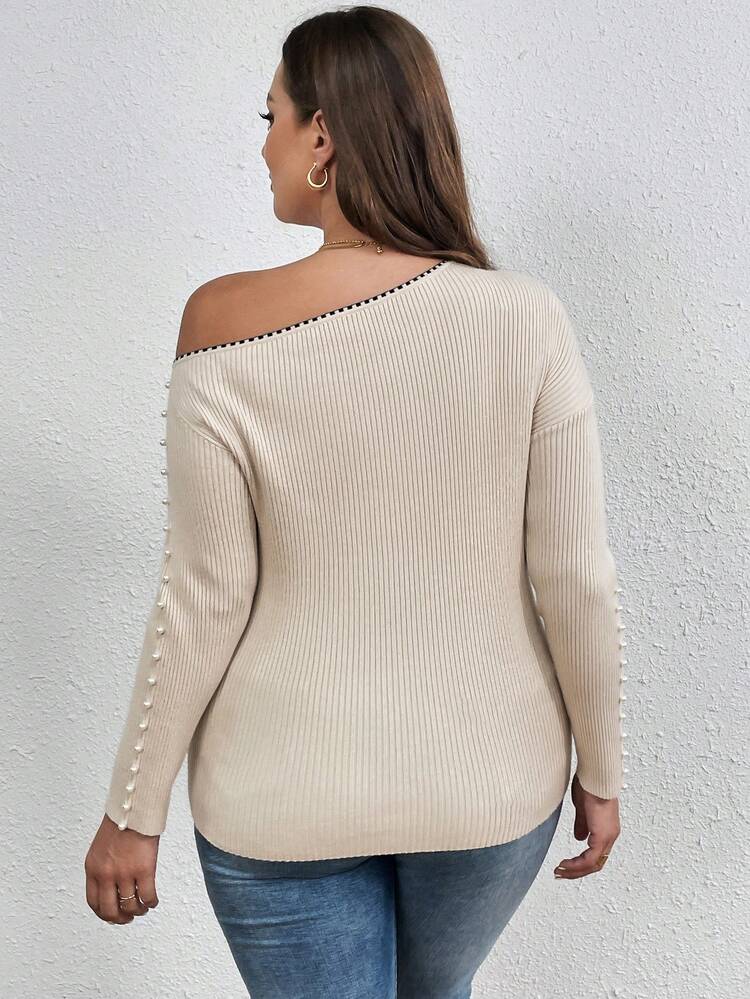 Plus Size Women's Asymmetrical Neck Faux Pearl Detail Sweater Pullover