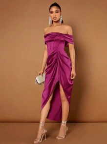 SHEIN BAE Vestido de hombros descubiertos fruncido bajo asimétrico - Rojo violeta - Ver 4