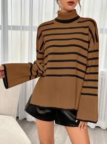 SHEIN Essnce 條紋傾肩毛衣 - 卡其色 - 查看 5