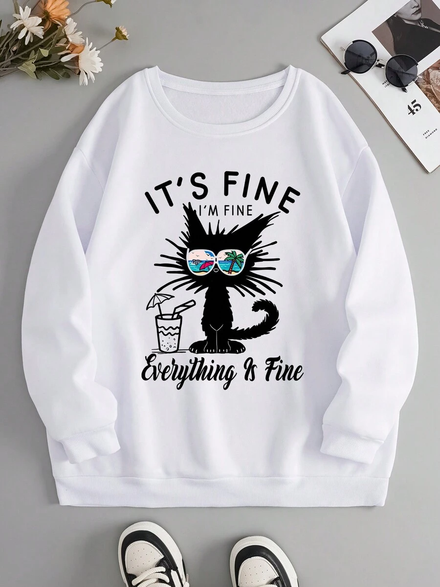 SHEIN EZwear 卡通及標語圖案保暖連帽衫,適用於大尺寸 - 白色 - 查看 1