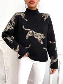 SHEIN Clasi Leopard Pattern High Neck Drop Shoulder Sweater,Long Sleeve Tops Knit Pullover Fall Winter Outfit - Black - View 4