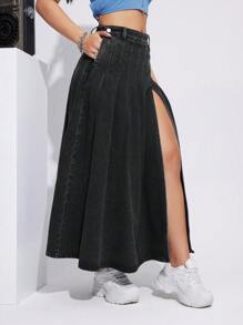 SHEIN EZwear Túi nghiêng Tách đùi Váy Denim - Màu Xám nhạt - Xem 5