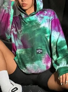 SHEIN EZwear 紮染字母補丁細節落肩袖連帽衫 - 彩色 - 查看 5