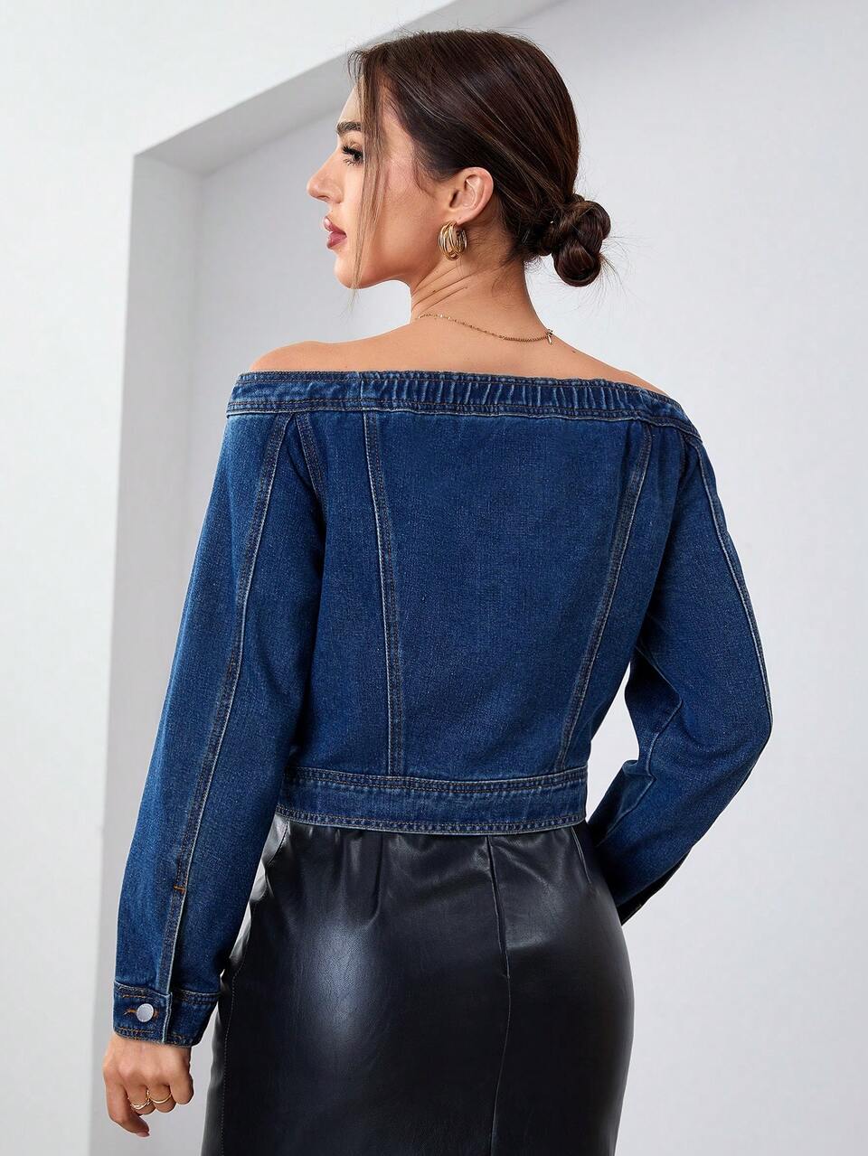 Off Shoulder Button Front Denim Jacket