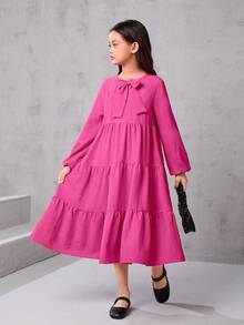 SHEIN Cô gái Tween Cà vạt Tay áo lồng đèn Xù Hoa Sen Váy Smock - Màu Hồng Tươi - Xem 4