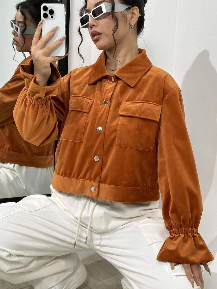 Flap Pocket Flounce Sleeve Jacket Fall Cloth For Women