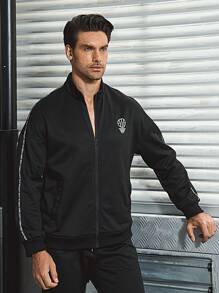 Gym Rark Boyfriend Style Men Letter Graphic Contrast Tape Zip Up Sports Jacket Workout Tops Sports Jacket - Black - View 8