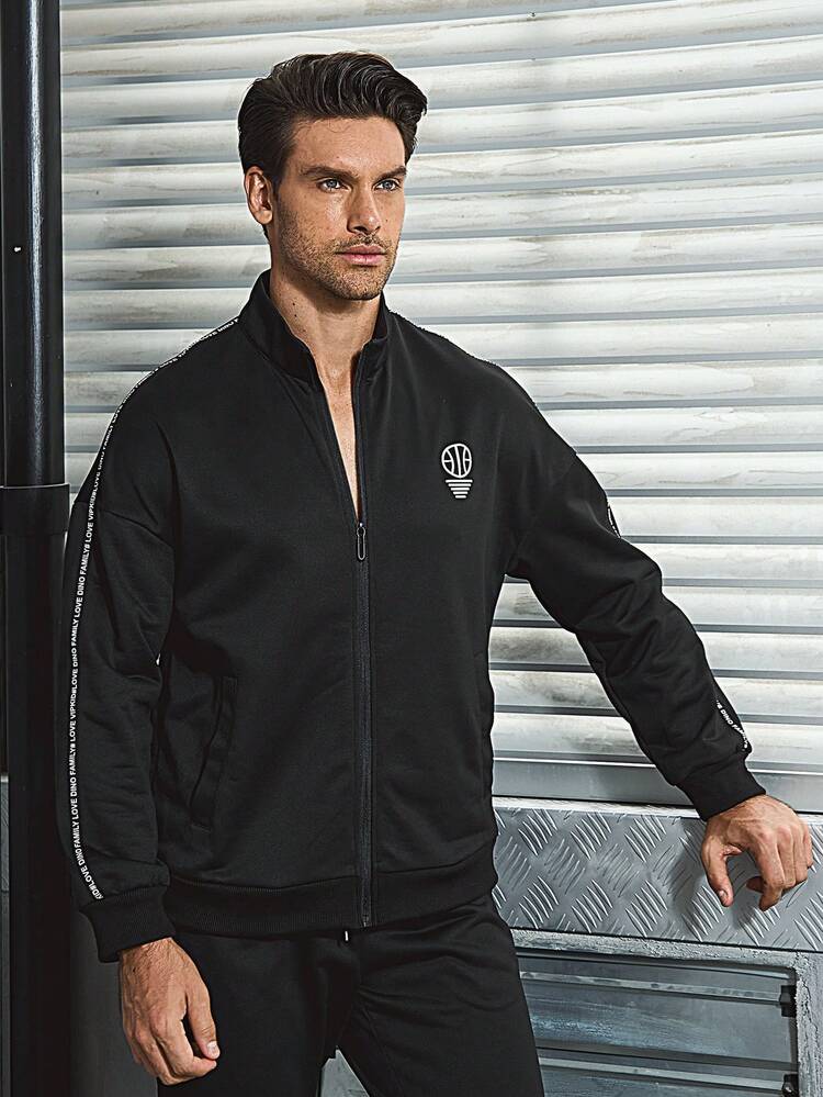 Boyfriend Style Men Letter Graphic Contrast Tape Zip Up Sports Jacket Workout Tops Sports Jacket