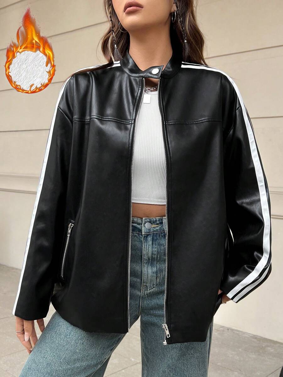 SHEIN EZwear Side Stripe Leather Jacket - Black - View 1
