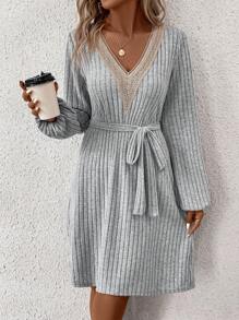 SHEIN Clasi Contrast Lace Lantern Sleeve Belted Dress - Grey - View 3