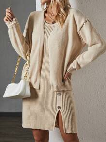 Chiquease de hombros caídos Cárdigan & bajo con abertura Vestido de punto - Albaricoque - Ver 1