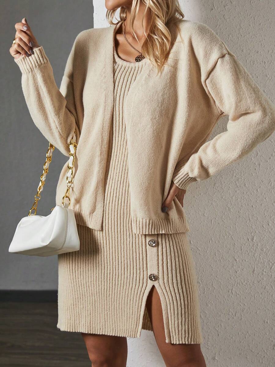 Chiquease de hombros caídos Cárdigan & bajo con abertura Vestido de punto - Albaricoque - Ver 1