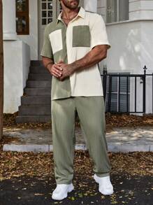 Manfinity Homme 男士大码雙色口袋貼布襯衫和褲子 - 彩色 - 查看 3