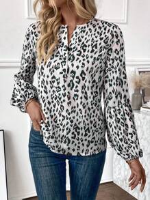 女性豹紋印花燈籠袖襯衫 - 彩色 - 查看 4
