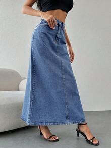 Cottnline High Waist Denim Skirt - Medium Wash - View 5