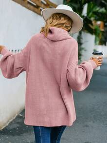 Simplee 女款純色垂墜領落肩毛衣(無腰帶) - 粉色 - 查看 2