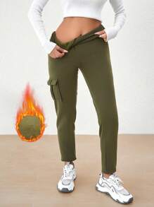 SHEIN Essnce Flap Pocket Cargo Leggings - Army Green - View 3