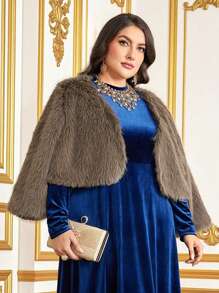 Modelyn Plus Open Front Fuzzy Coat - Coffee Brown - View 3